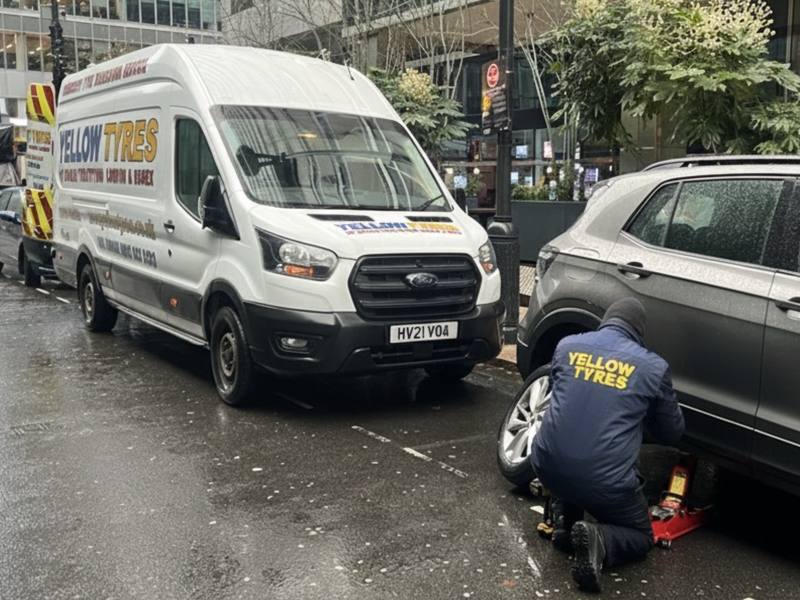 Yellow Tyres fitter kneeling to change a wheel on a grey SUV in the rain, Yellow Tyres van parked behind