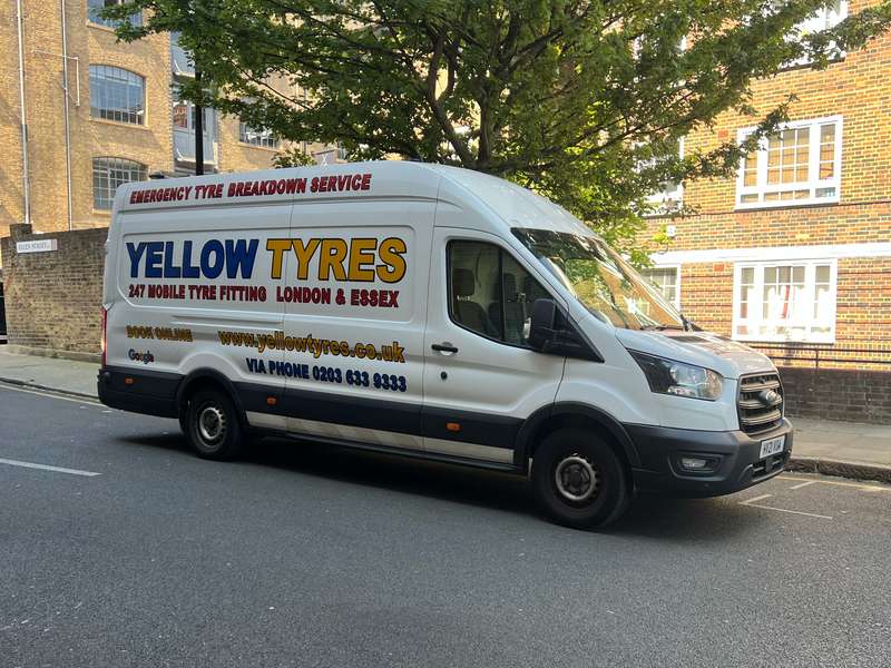 A Yellow Tyres van parked on a residential street – Yellow Tyres mobile tyre fitting from our Barking branch