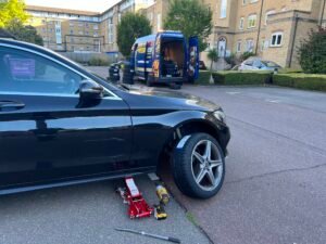 Car tyre change at home in London, Essex, Kent. Yellow Tyres
